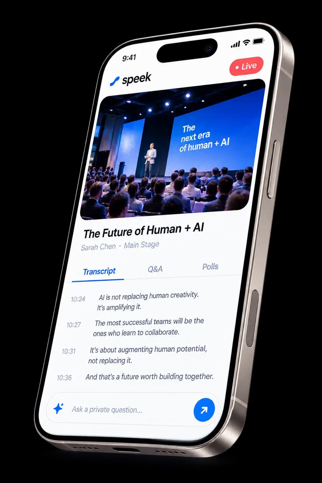 Speek live human and AI conference session on a metallic phone